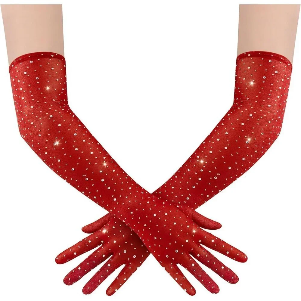Women's Rhinestone Red Sparkly Elbow Length Mesh Long Gloves Party Accessory